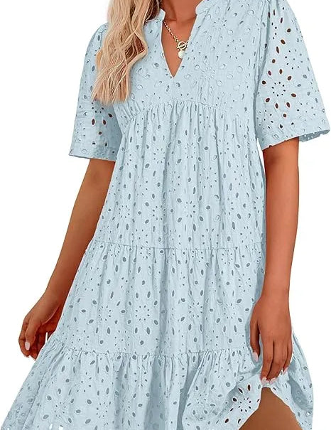Women's V Neck Short Sleeve Hollow Out Mini Dress Baby Blue Dresses