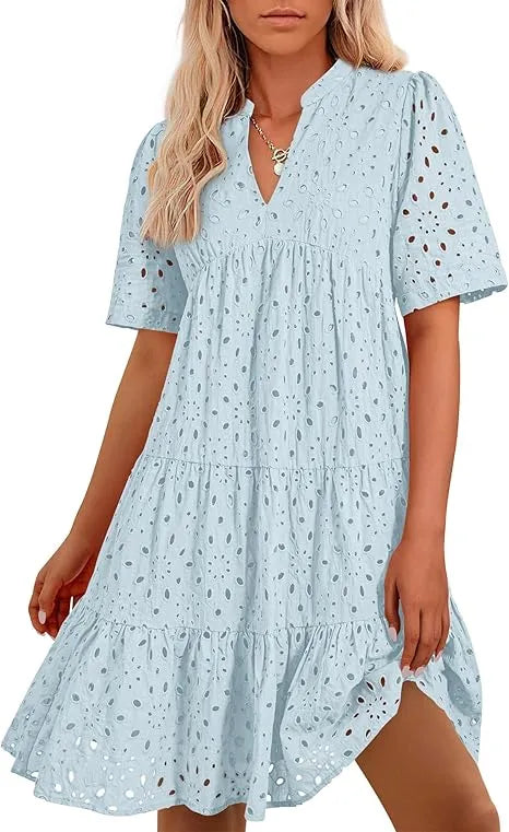 Women's V Neck Short Sleeve Hollow Out Mini Dress Baby Blue Dresses