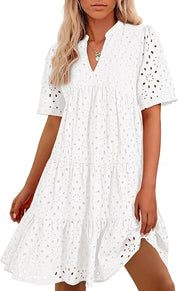 Women's V Neck Short Sleeve Hollow Out Mini Dress White Dresses