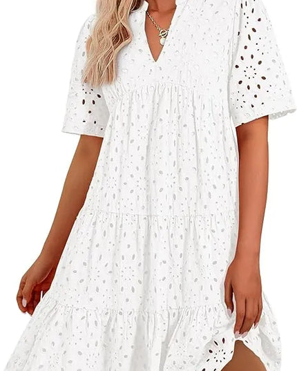 Amberly™ | Women's V Neck Short Sleeve Hollow Out Mini Dress White Dress