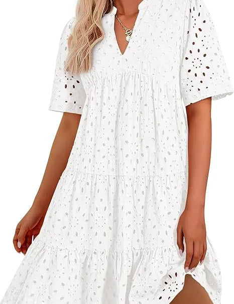 Women's V Neck Short Sleeve Hollow Out Mini Dress White Dresses