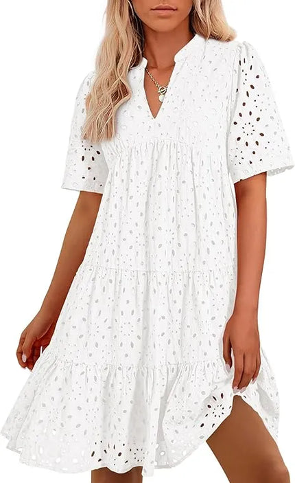 Women's V Neck Short Sleeve Hollow Out Mini Dress White Dresses
