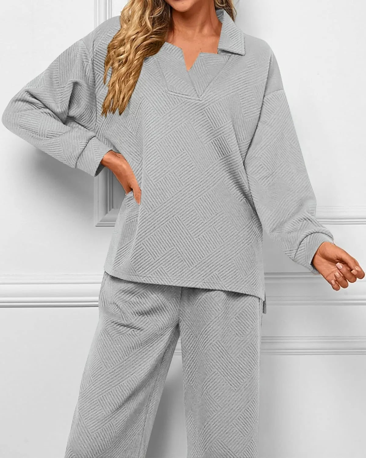 Mireya™ | Women's Lapel V Neck Textured Lounge Sets Two piece set