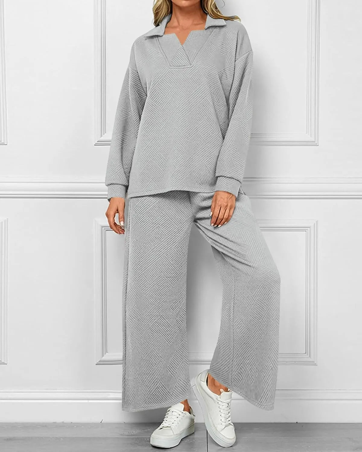 Mireya™ | Women's Lapel V Neck Textured Lounge Sets Two piece set