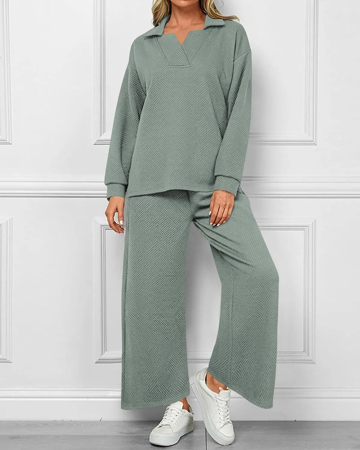 Mireya™ | Women's Lapel V Neck Textured Lounge Sets Light Green Two piece set