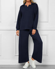 Mireya™ | Women's Lapel V Neck Textured Lounge Sets Dark Blue Two piece set