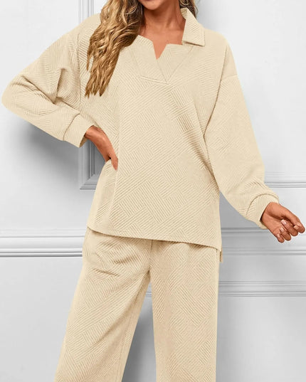 Mireya™ | Women's Lapel V Neck Textured Lounge Sets Apricot Two piece set