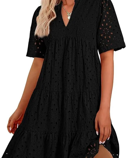 Amberly™ | Women's V Neck Short Sleeve Hollow Out Mini Dress Black Dress