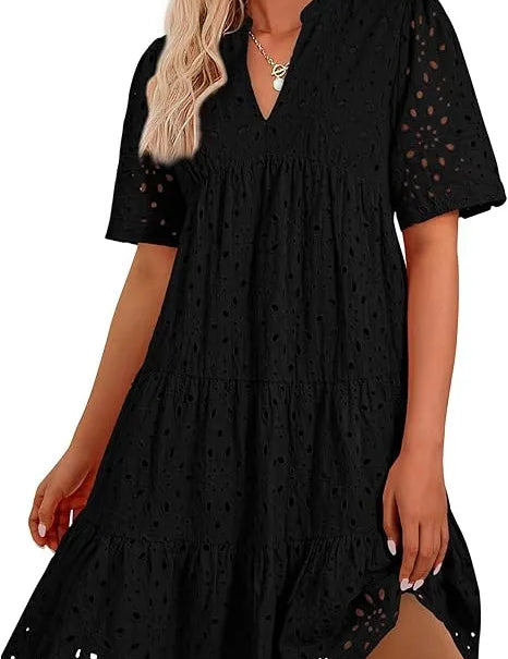 Women's V Neck Short Sleeve Hollow Out Mini Dress Black Dresses