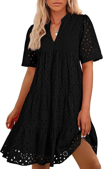 Women's V Neck Short Sleeve Hollow Out Mini Dress Black Dresses