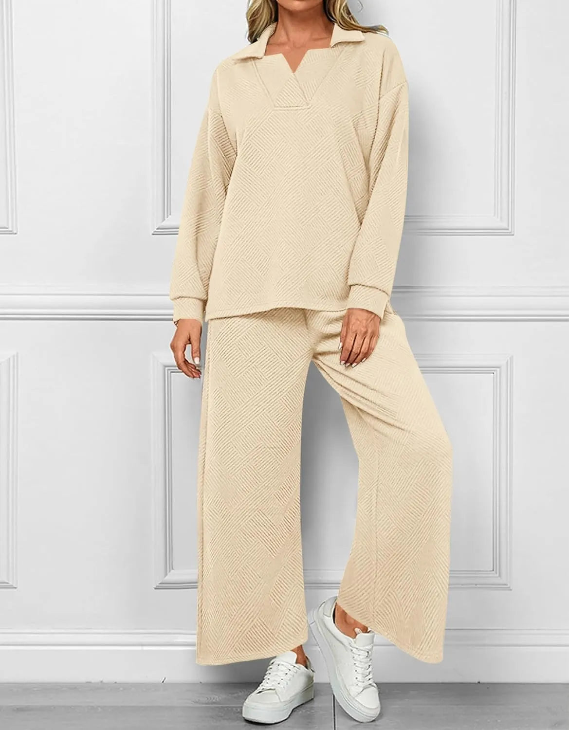 Mireya™ | Women's Lapel V Neck Textured Lounge Sets Two piece set