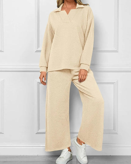 Mireya™ | Women's Lapel V Neck Textured Lounge Sets Two piece set
