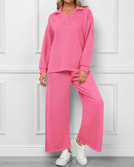 Mireya™ | Women's Lapel V Neck Textured Lounge Sets Rose Red Two piece set