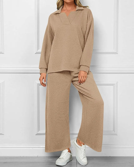 Mireya™ | Women's Lapel V Neck Textured Lounge Sets Khaki Two piece set