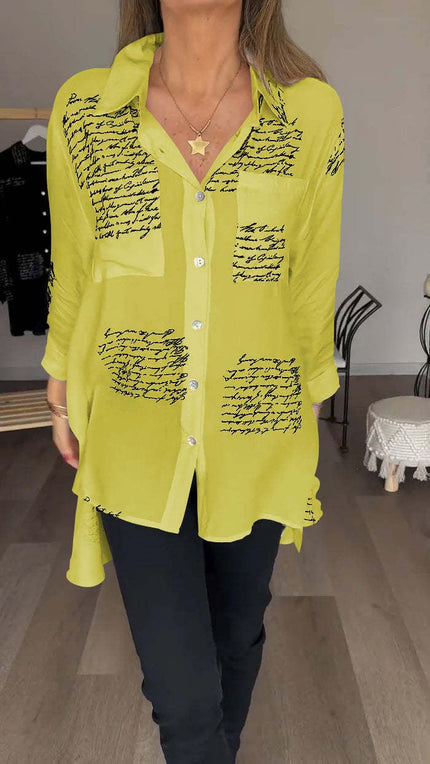 Lina | Letter Print Fashion Lapel Shirt Yellow Shirts & Tops