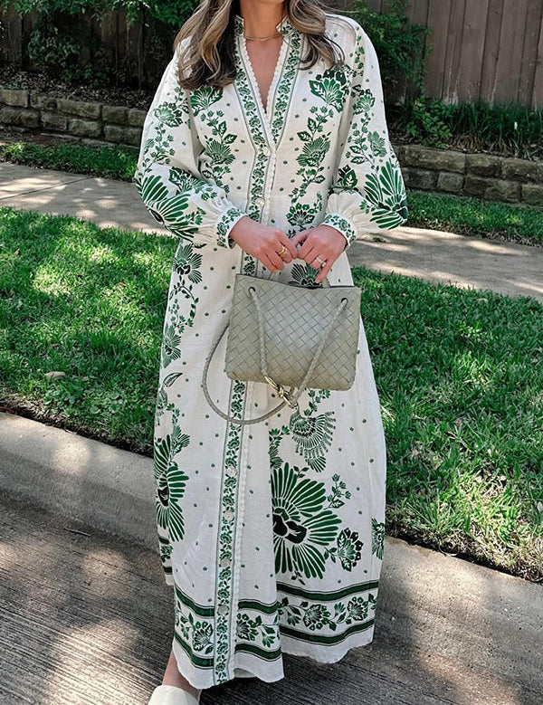 Ankle Length Button Down Print Maxi Dress Green Dresses