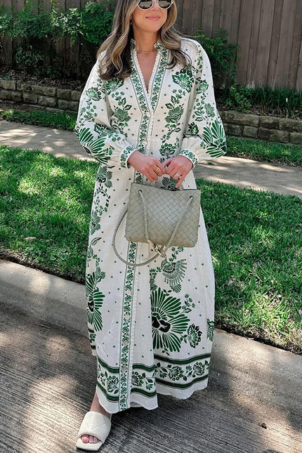 Unique Print Button Down Long Sleeve Shirt Maxi Dress Green Dresses