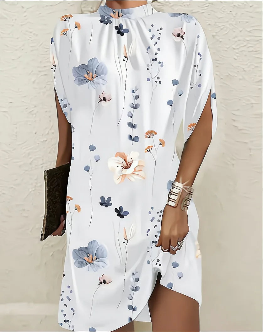 Kerstin Round Neck Batwing Sleeve Dress White flowers Dress