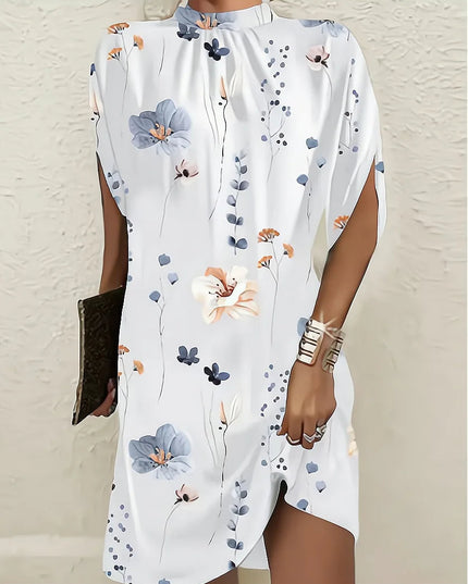 Kerstin™ Round Neck Batwing Sleeve Dress White flowers Dress