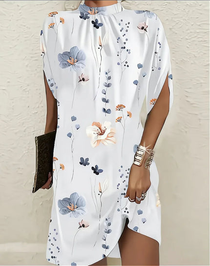Kerstin™ Round Neck Batwing Sleeve Dress White flowers Dress