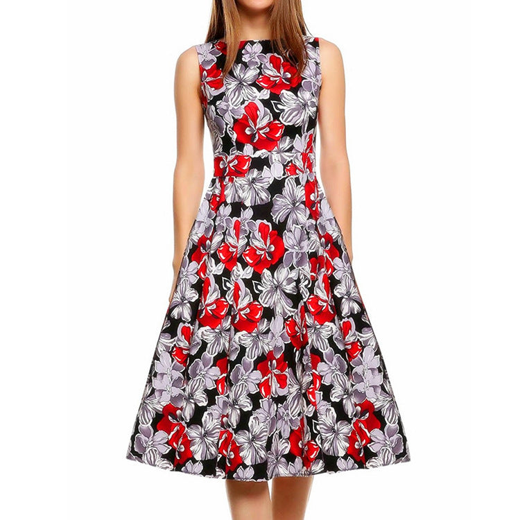 Women's Vintage Floral Print Dress Lily red Dress