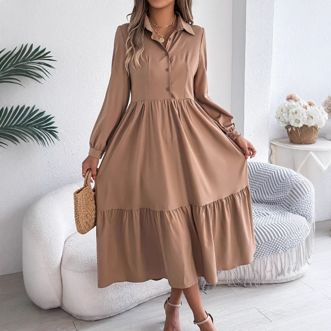 Women's Lapel Loose Ruffled Shirt Dress – Casual Long-Sleeve Vacation Dress Dresses