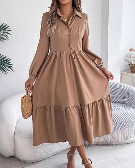 Women's Lapel Loose Ruffled Shirt Dress – Casual Long-Sleeve Vacation Dress Dresses