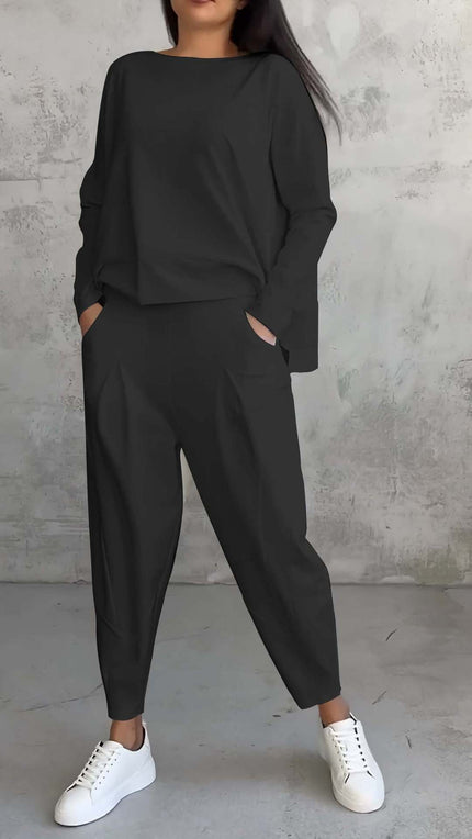 Women's Irregular Long-Sleeve Top & Harem Pants Set Black set