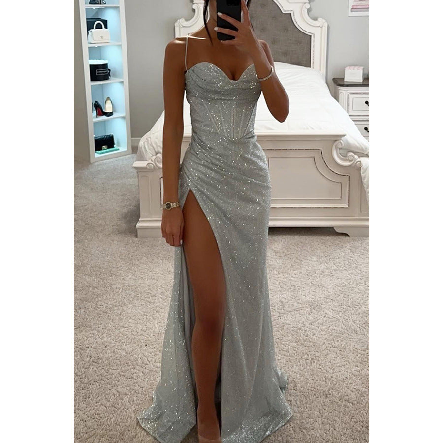 Sexy Split Suspender Dress Silver Dresses