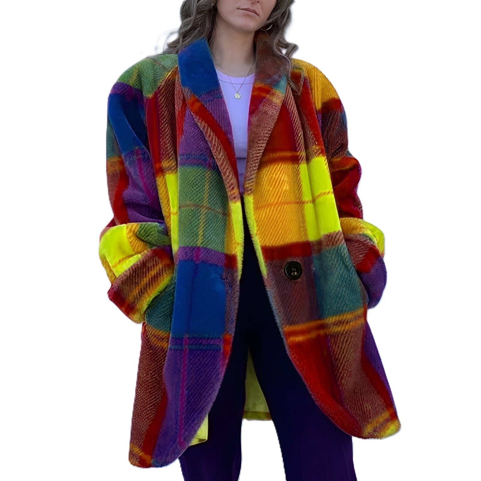 Stylish Female Plaid Woolen Coat Yellow Woolen Coat