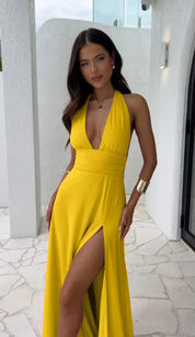 Horizon | Deep V Neck Split Solid Color Dress Gold Dress