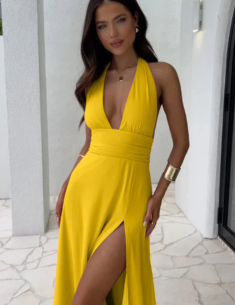Horizon | Deep V Neck Split Solid Color Dress Gold Dress