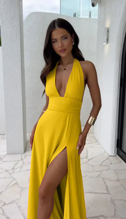 Horizon | Deep V Neck Split Solid Color Dress Gold Dress
