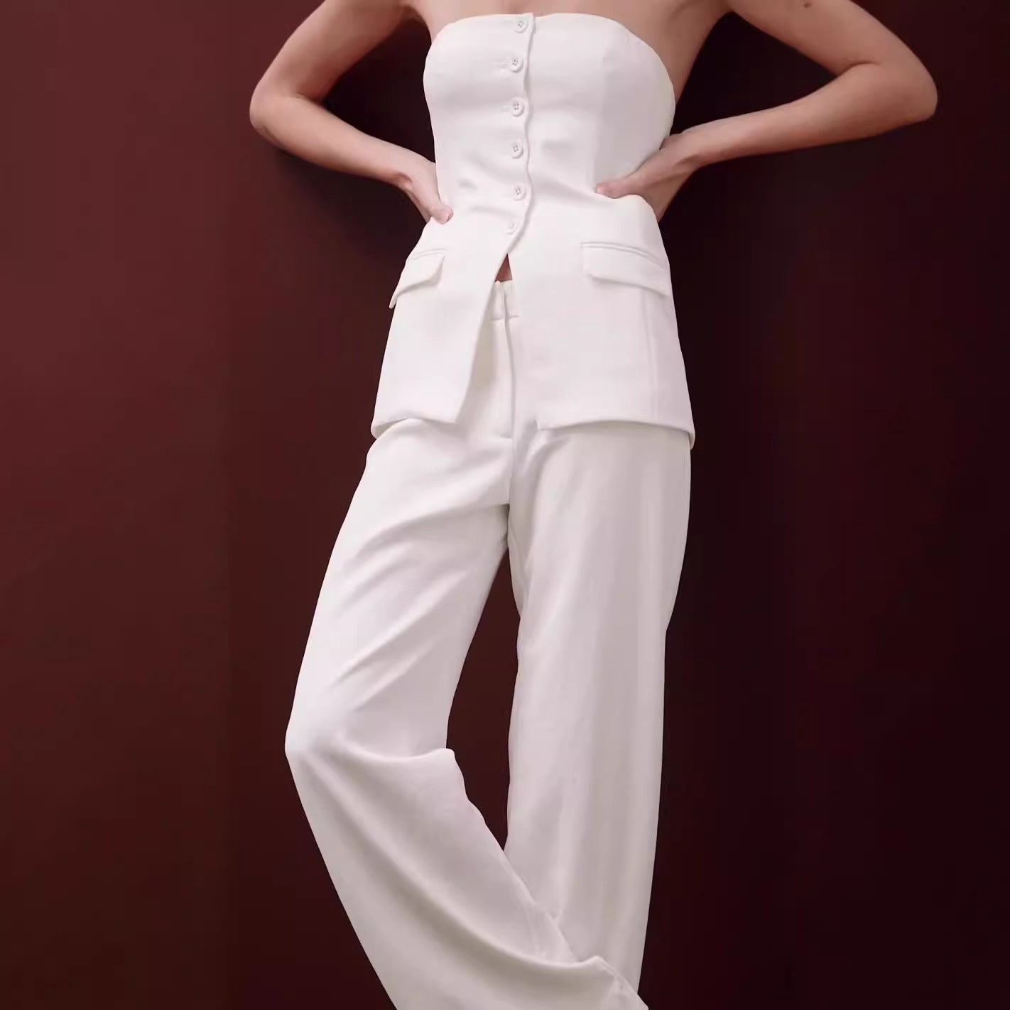 Elegant Women's Tube Top & Wide-Leg Pants Set White Sets
