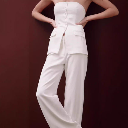 Elegant Women's Tube Top & Wide-Leg Pants Set White Sets
