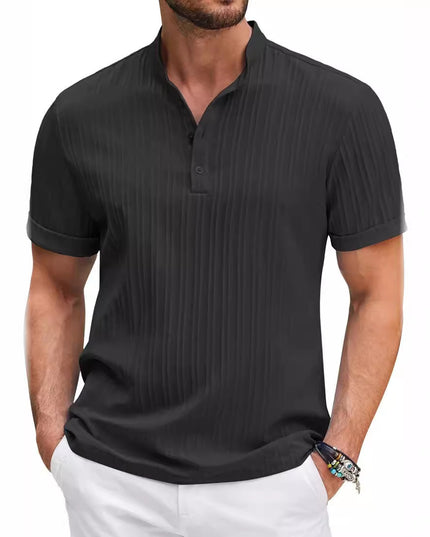 Men's Summer Stand Collar Button Short Sleeve Polo Shirt – Solid Color Striped Casual Beachwear Black Polo Shirts