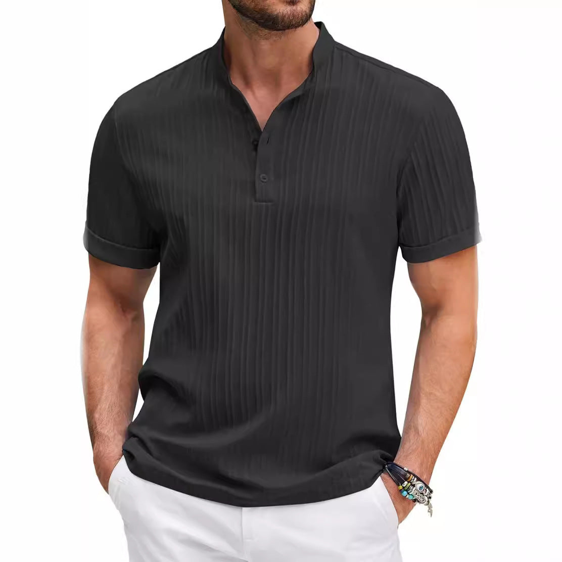 Men’s Summer Stand‑Collar Short‑Sleeve Polo Black T-Shirts