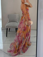Elegant Painted Floral Print V-Neck A-Line Maxi Dress Dresses