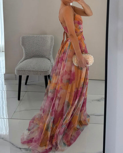Elegant Painted Floral Print V-Neck A-Line Maxi Dress Dresses