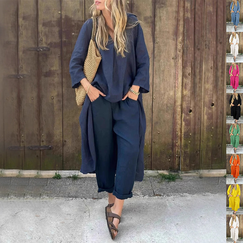 Women's 2-Piece V-Neck Long Sleeve Top & High-Waist Wide-Leg Pants Set with Pockets set