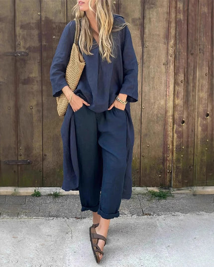 Women's 2-Piece V-Neck Long Sleeve Top & High-Waist Wide-Leg Pants Set with Pockets set