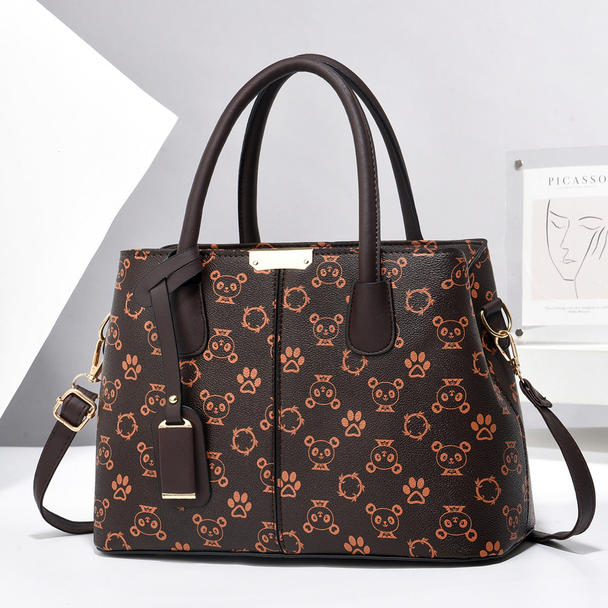 Women’s Large-Capacity PU Leather Tote & Crossbody Bag Panda Coffee 30x21x13 Bag