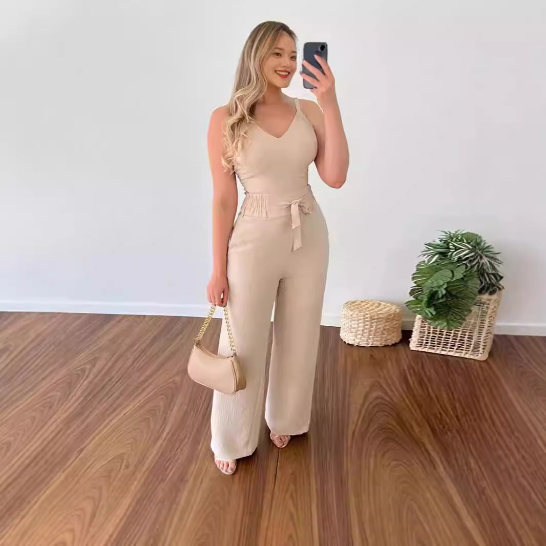 Women's Two-Piece Sleeveless V-Neck Vest & High-Waist Wide-Leg Pants Set Sets