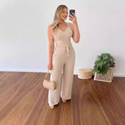 Women's Two-Piece Sleeveless V-Neck Vest & High-Waist Wide-Leg Pants Set Sets
