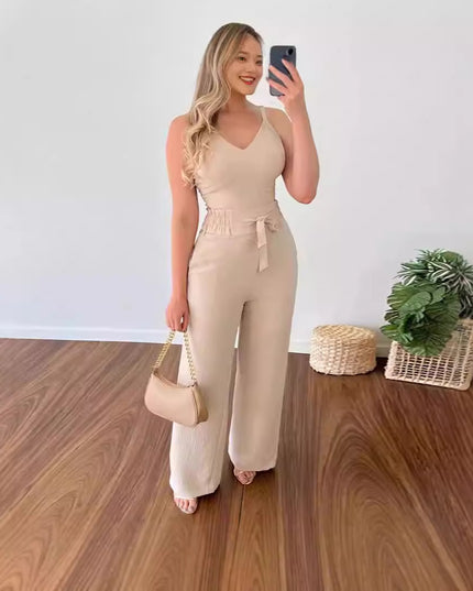Women's Two-Piece Sleeveless V-Neck Vest & High-Waist Wide-Leg Pants Set Sets