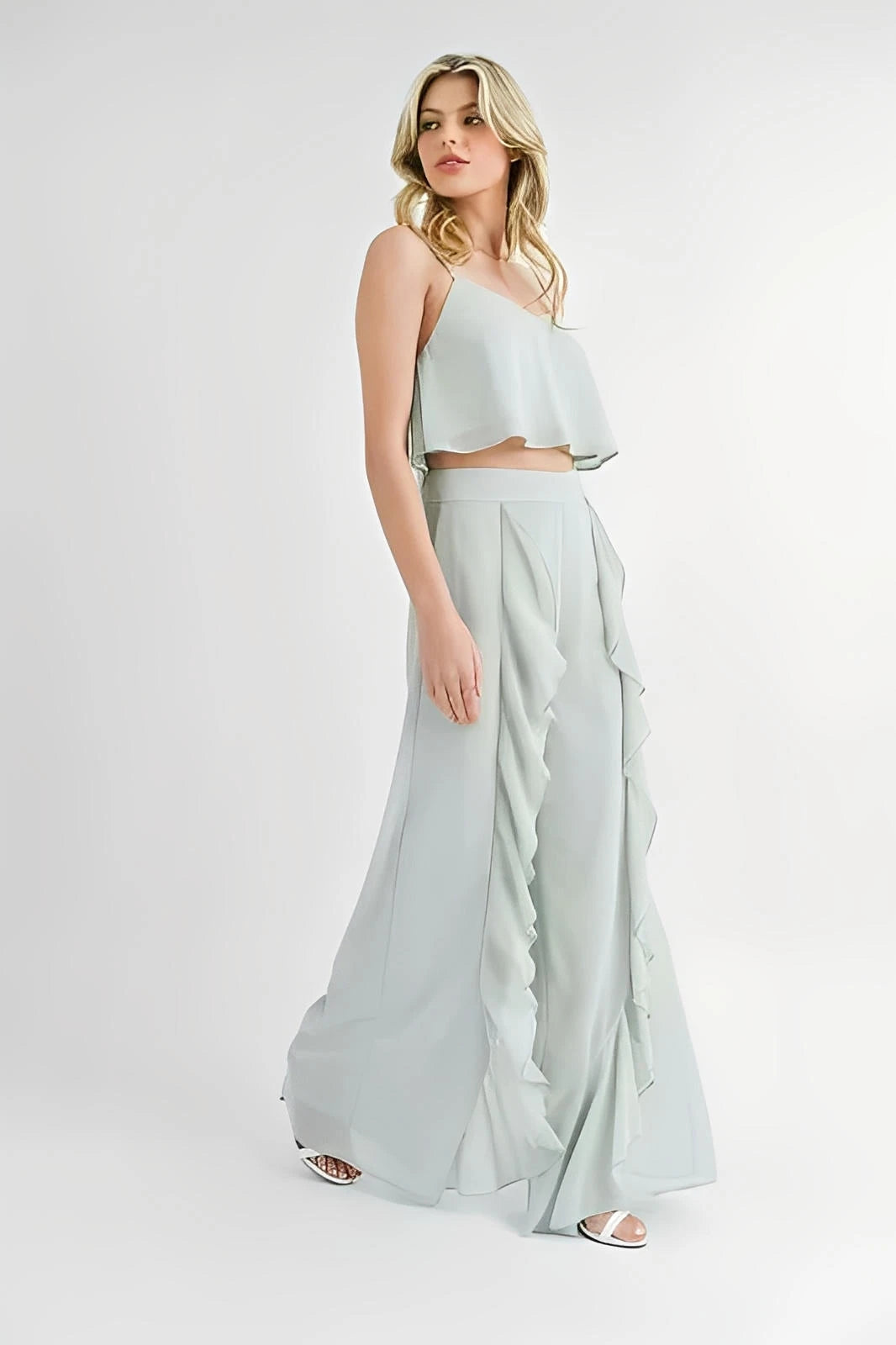 MABLE Crop Cami and Ruffled Wide Leg Pants Set