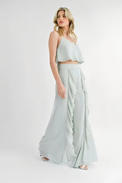 MABLE Crop Cami and Ruffled Wide Leg Pants Set