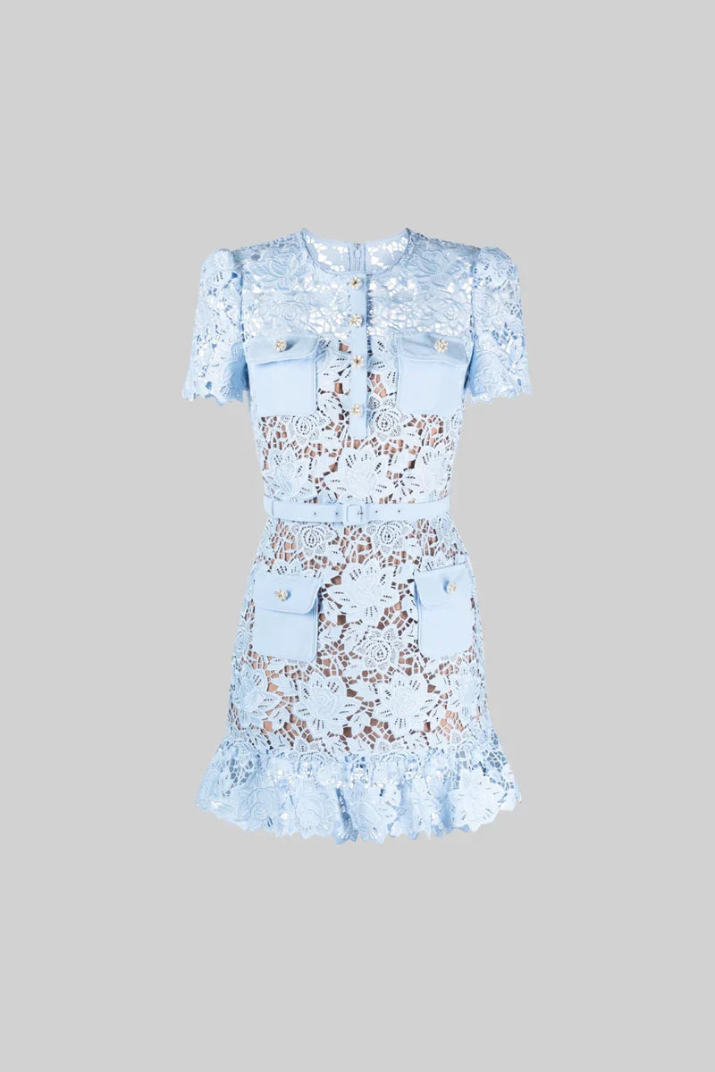 Phoebe | Blue Short Sleeve Embroidered Floral Dress Dress