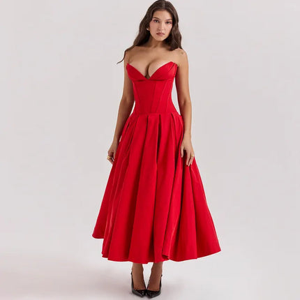 Fiona | Black Strapless Corset Midi Dress Red Dresses