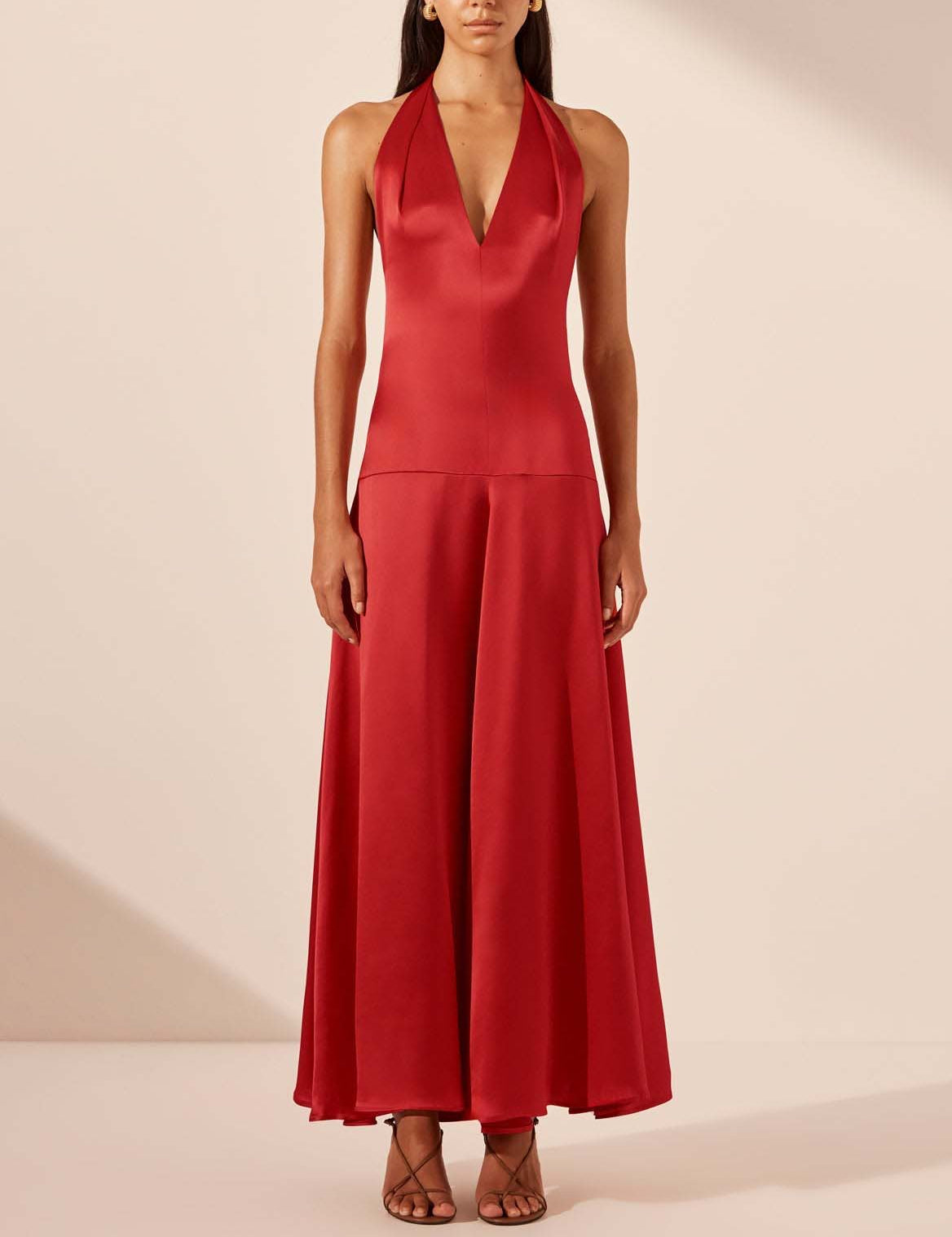 Elegant Deep V Neck Halter Maxi Dress Red Dresses